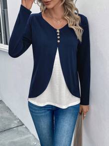 SHEIN LUNE Chi tiết nút hai tông màu 2 trong 1 Tee - Màu xanh hải quân - Xem 4