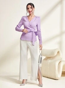 Modelyn 素色圍裹腰帶襯衫 - 淡紫色 - 查看 5