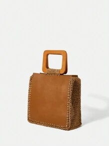 SHEIN VCAY 女士們簡約風&時尚PU皮革拼貼手拿包帶多功能設計 - 駝色 - 查看 4