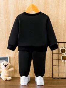 SHEIN 男孩嬰兒熊和字母圖案衛衣和衛褲 - 黑色 - 查看 2