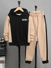 SHEIN Tween Boy Letter Graphic Two Tone Hoodie & Sweatpants - Multicolor - View 1