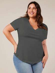 SHEIN BASICS 大碼素色V領T恤 - 深灰色 - 查看 3