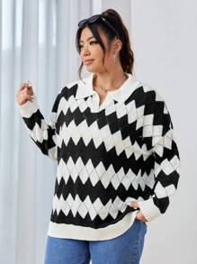 SHEIN EZwear Plus Chevron Pattern Drop Shoulder Sweater - Black and White - View 3