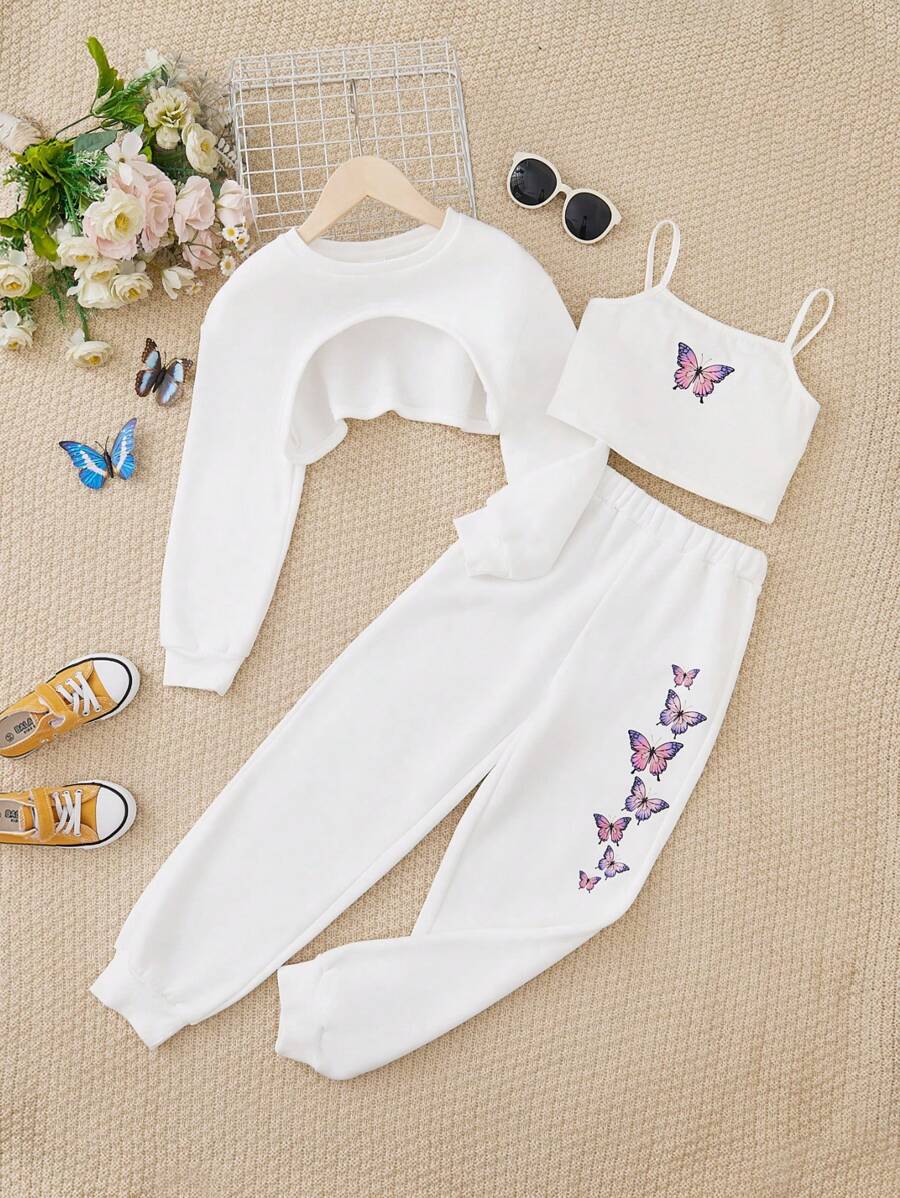 SHEIN Tween Girl Butterfly Print Cami Top & Sweatpants & Super Crop Pullover - White - View 1