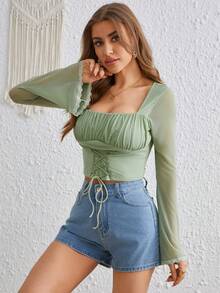 SHEIN VCAY Áo thun có dây buộc phía trước bằng vải xếp - màu xanh lá - Xem 4