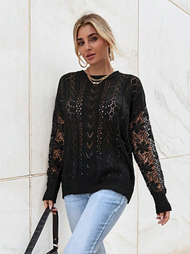 Pointelle Knit Drop Shoulder Sweater