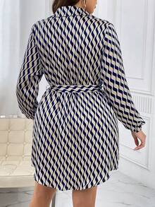 SHEIN Privé Plus Allover Print Belted Shirt Dress - Blue - View 2