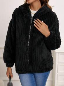 SHEIN 孕婦拉鏈開襟落肩袖連帽毛茸茸夾克 - 黑色 - 查看 4