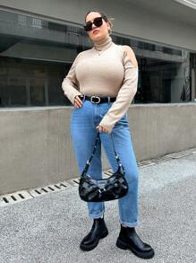 SHEIN Essnce Plus Turtleneck Cold Shoulder Sweater - Khaki - View 6