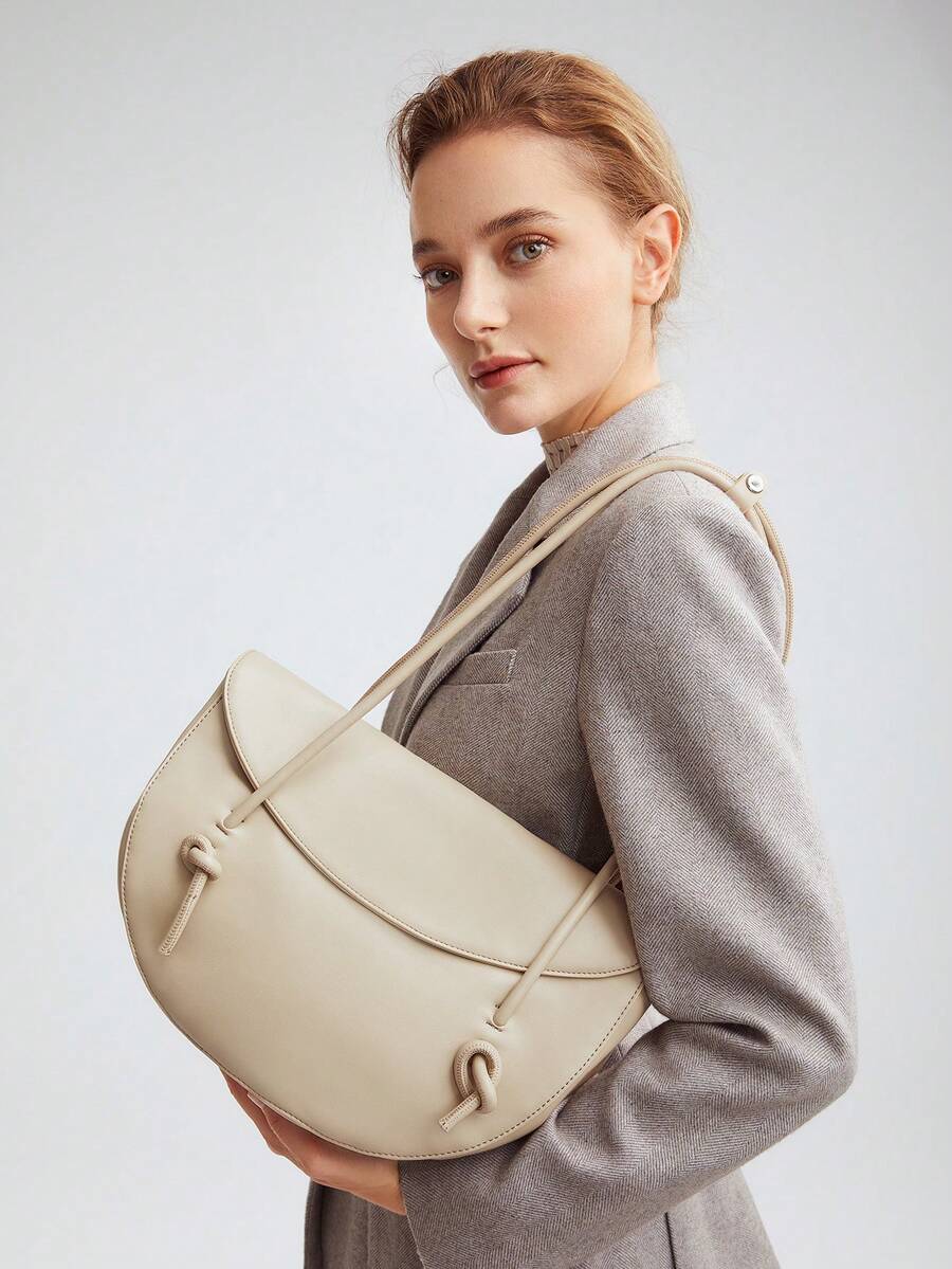 MOTF PREMIUM 蝴蝶結裝飾蓋子馬鞍包時尚肩袋 - 淺灰色 - 查看 1