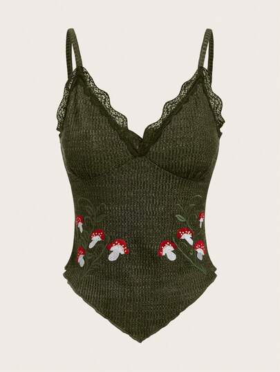 Fairycore Blusa De Patrón De Setas Verde Oscuro Con Cuello En V Y Ribete De Encaje Para Mujer