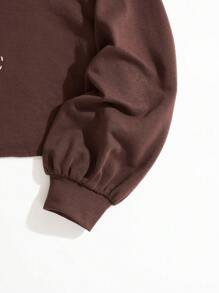 SHEIN EZwear Plus Size Letter & Cartoon Graphic Drop Shoulder Drawstring Sweatshirt - Coffee Brown - View 4