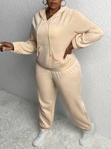 Slaydiva 大碼袋鼠口袋抽繩連帽衫和運動褲 - 黃色 - 查看 3