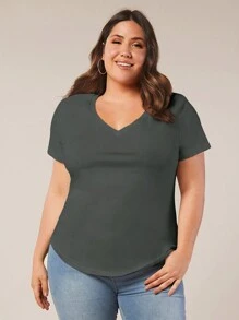 SHEIN BASICS 大碼素色V領T恤 - 深灰色 - 查看 1