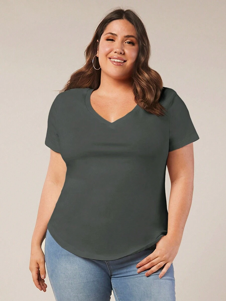 SHEIN BASICS 大碼素色V領T恤 - 深灰色 - 查看 1