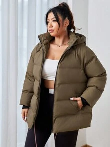 SHEIN EZwear Plus Zip Up Hooded Padded Coat - Army Green - View 3