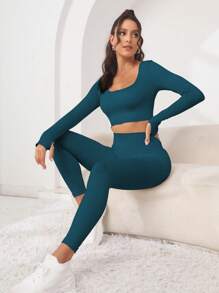 Easithlete Solid Scoop Neck Thumbholes Crop Tee & Leggings - Navy Blue - View 4