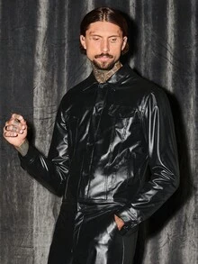 GENTILAND 男士拉鏈開襟PU皮革夾克&喇叭褲 - 黑色 - 查看 6