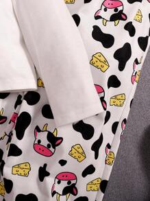 SHEIN Tween 女孩針織牛印花 T 恤和褲子家居服套裝 - 白色 - 查看 3