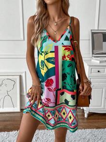 EMERY ROSE Vestido de tirantes geométrico & floral con estampado de retazo