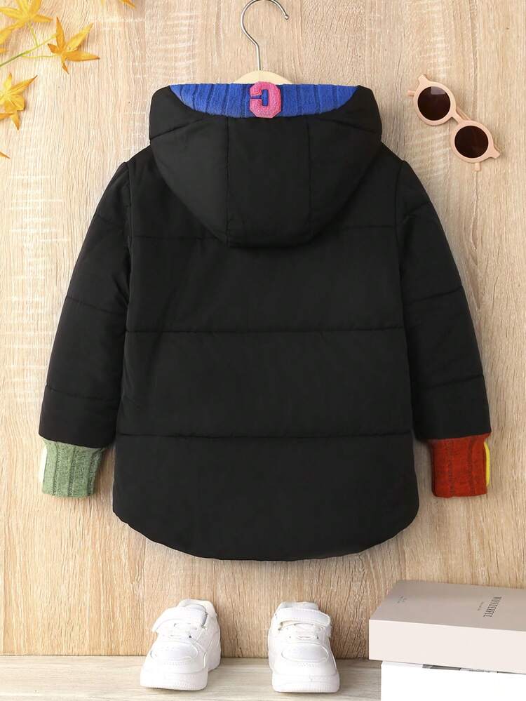 Young Boy Letter Graphic Zip Up Hooded Padded Coat Without Sweater