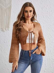 SHEIN VCAY Tie Front Flare Sleeve Crop Cardigan - Multicolor - View 5