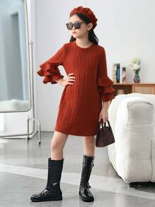 Tween Girl Ruffle Trim Layered Sleeve Dress - Red - View 6