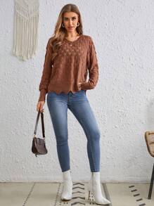 SHEIN VCAY Pointelle Knit Drop Shoulder Sweater - Redwood - View 3