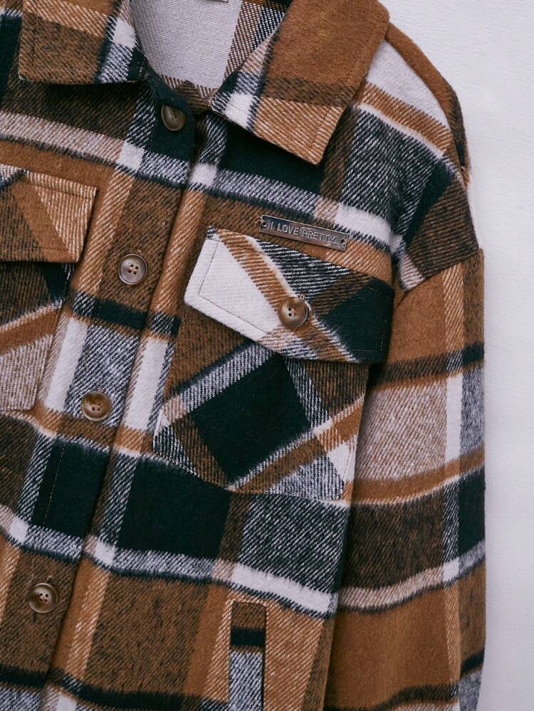 Tween Girl Plaid Flap Pocket Drop Shoulder Overcoat