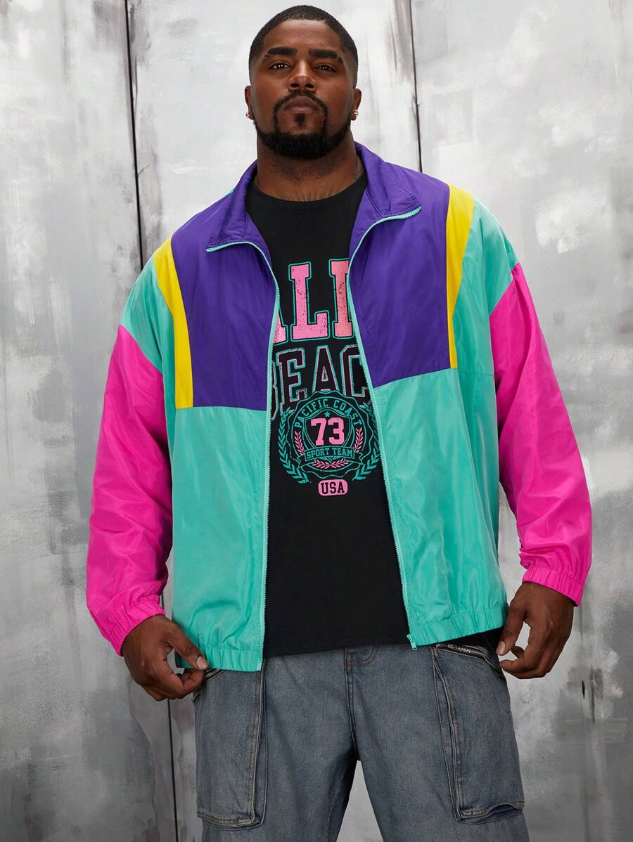 EASEVO 宽松版型男式大码拼色拉链夹克 - 彩色 - 查看 1