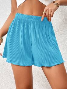 SHEIN Essnce Solid Lettuce Trim Shorts - Blue - View 3