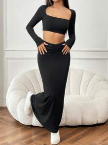 SHEIN EZwear Spring ClothesSquare Neck Crop Tee & Ruched Skirt - Black - View 6