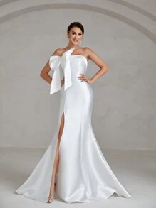 Hochzeitskleid mit einer Schulter frei, Schleife vorne, Schlitz, Satin - Weiss - Übersicht 4