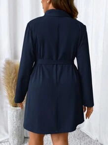 SHEIN Clasi Plus Shawl Collar Pleated Detail Knot Side Wrap Dress - Navy Blue - View 2