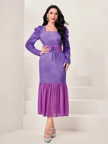 Modelyn Square Neck Puff Sleeve Lace Up Front Mermaid Hem Dress - Purple - View 1