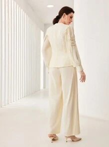 Modelyn Asymmetrical Neck Lantern Sleeve Blouse & Wide Leg Pants - Apricot - View 2