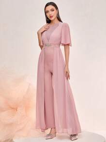 Modelyn 素色蝴蝶袖水鑽細節連身褲 - 粉色 - 查看 4