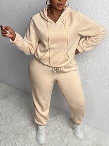 Slaydiva 大碼袋鼠口袋抽繩連帽衫和運動褲 - 黃色 - 查看 1