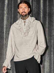 GENTILAND Men Ruffle Trim Flare Sleeve Shirt - Apricot - View 3