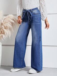 SHEIN LUNE 配腰帶闊腿牛仔褲 - 中等水洗藍 - 查看 5