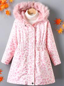 SHEIN 女大童豹紋印花毛茸邊連帽加絨內裏外套無毛衣 - 粉色 - 查看 1