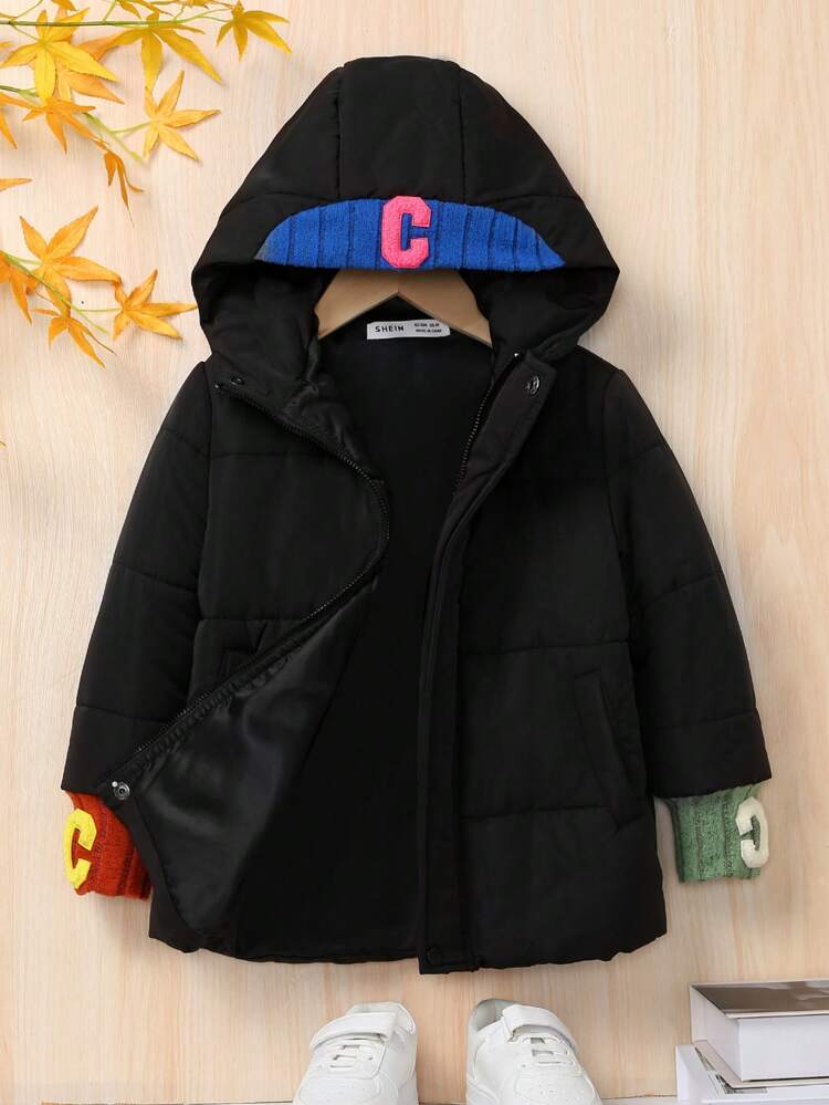 Young Boy Letter Graphic Zip Up Hooded Padded Coat Without Sweater