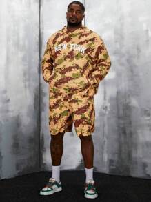 Manfinity VCAY Men Plus Letter Graphic Drop Shoulder Hoodie & Shorts, For Fall Winter - Multicolor - View 1