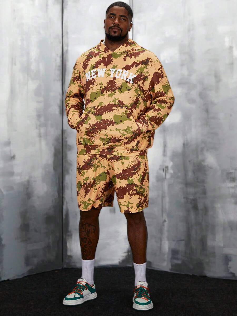 Manfinity VCAY Men Plus Letter Graphic Drop Shoulder Hoodie & Shorts, For Fall Winter - Multicolor - View 1