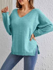 SHEIN VCAY Solid Drop Shoulder Sweater - Teal Blue - View 1