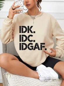 SHEIN EZwear 字母圖案落肩袖運動衫 - 杏色 - 查看 1