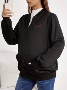 SHEIN Maternity Antler Print Zip Up Bomber Jacket - Black - View 4