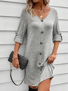 SHEIN LUNE 捲邊袖前紐扣T恤洋裝 - 灰色 - 查看 5