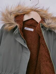 SHEIN 女大童抽繩腰部毛絨飾邊連帽保暖襯里外套 - 軍綠色 - 查看 7