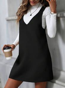 SHEIN LUNE Solid Pinafore Dress Without Tee - Black - View 5